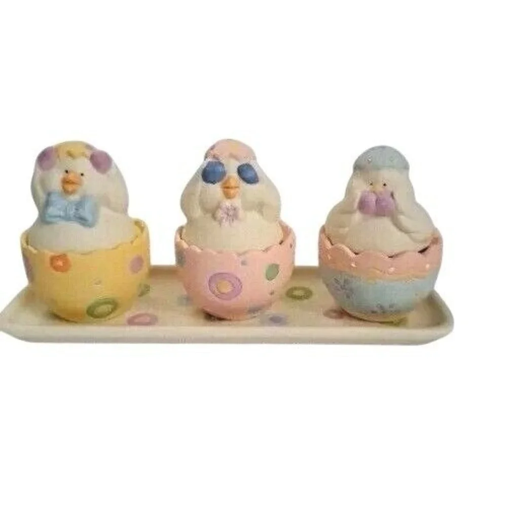 Easter Chicks See Hear Speak No Evil Tea Light Candle Holders Ceramic Set Tray